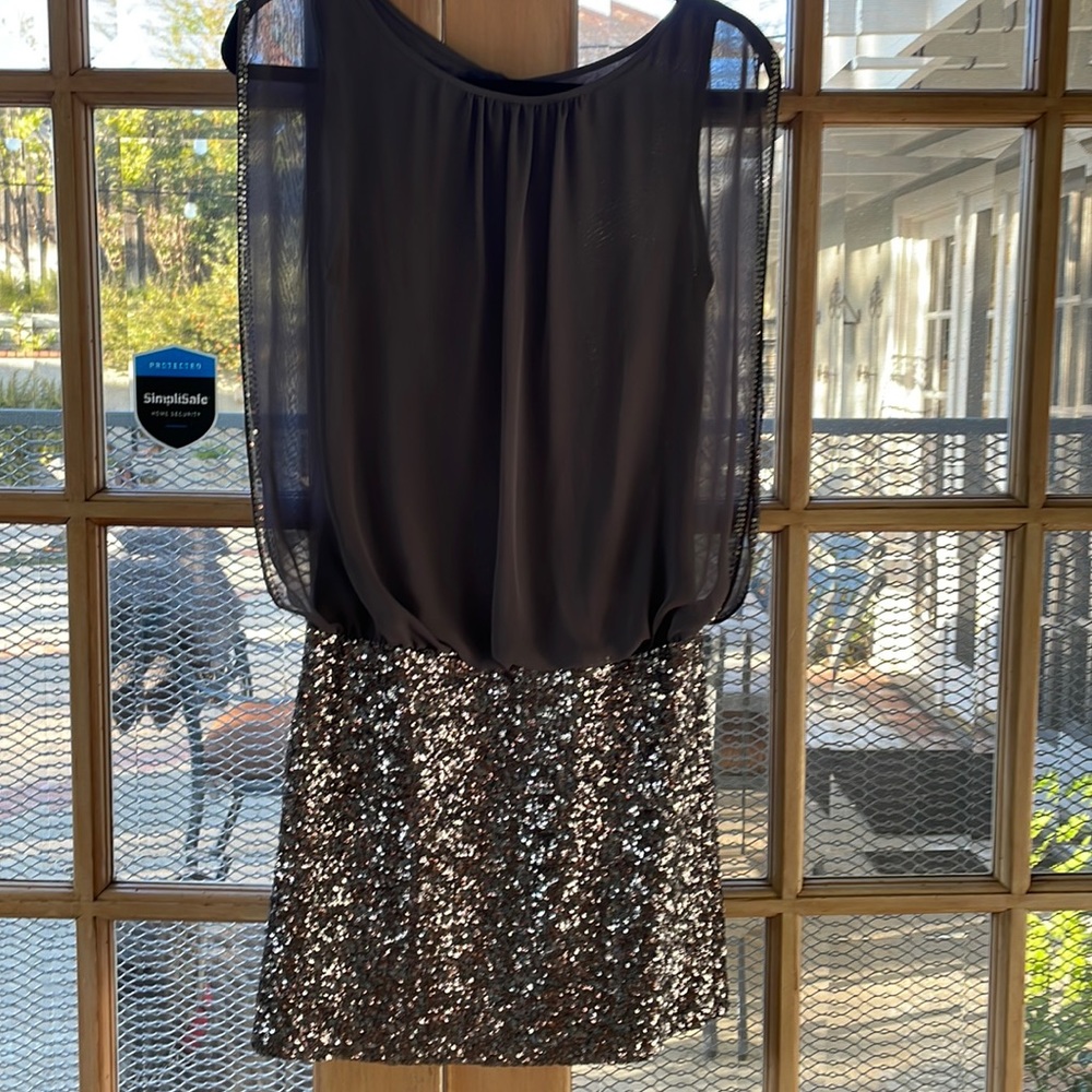 Cache size 4 Grey sequin holiday dress sleeve trimmed in sequins worn once
